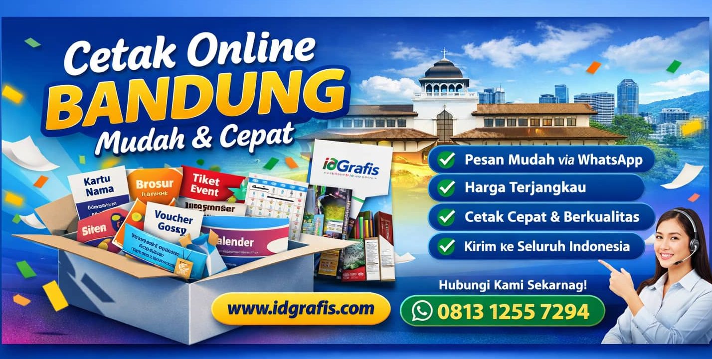 Banner promosi cetak online Bandung dari IDGrafis menampilkan layanan cetak kartu nama, brosur, tiket event, voucher gosok, kalender, dan produk percetakan lainnya dengan pemesanan mudah via WhatsApp.