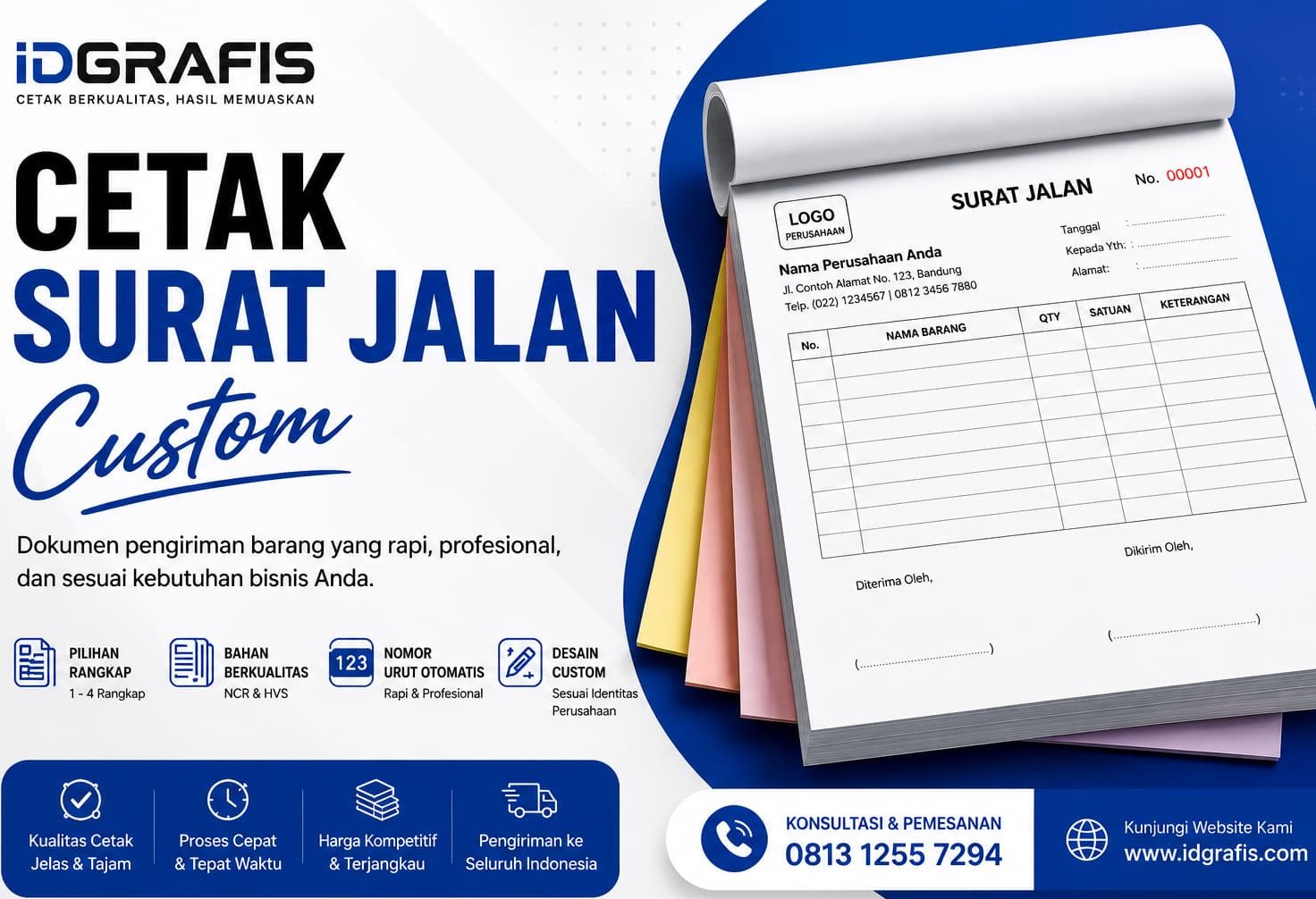 Cetak surat jalan custom Bandung menggunakan kertas NCR dan HVS dengan nomor urut otomatis oleh IDGrafis